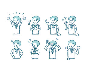 ブレザー（夏服）を着た男子学生の感情表現イラスト（上半身）