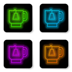 Glowing neon line Cup of tea with tea bag icon isolated on white background. Black square button. Vector