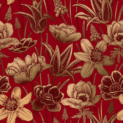 Botanische Verzierung. Nahtloses Blumenmuster. Vintage Frühlingshintergrund. Vektor © marinavorona
