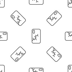 Grey line Smartphone with broken screen icon isolated seamless pattern on white background. Shattered phone screen icon. Vector