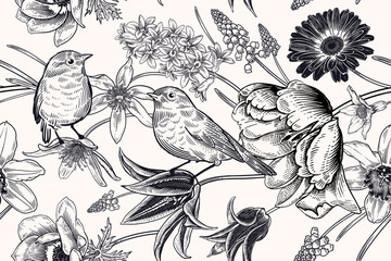 Vintage spring seamless pattern. Lovely flowers and cute birds. Black and white. Vector - 431453280