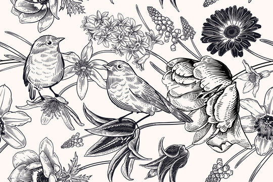 Vintage Spring Seamless Pattern. Lovely Flowers And Cute Birds. Black And White. Vector