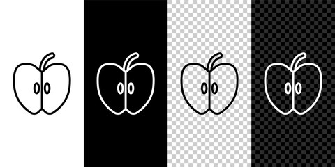 Set line Apple icon isolated on black and white, transparent background. Fruit with leaf symbol. Vector