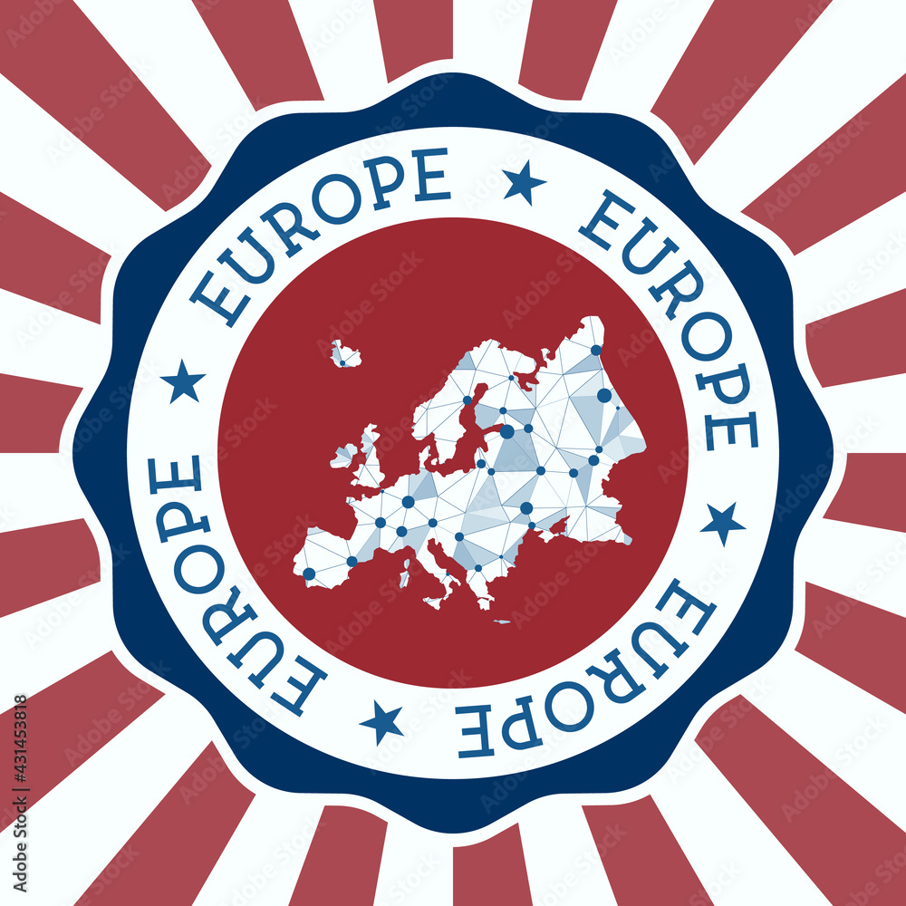 Poster europe badge. round logo of continent with triangular mesh map and radial rays. eps10 vector.