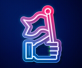 Glowing neon line Hand holding flag icon isolated on blue background. Victory, winning and conquer adversity concept. Vector