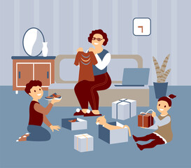 Mother with children unpacking boxes of clothes. Vector illustration on the topic of online shopping.