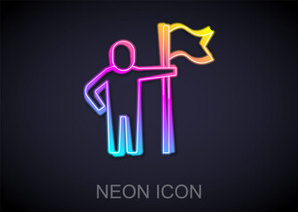 Glowing neon line Man holding flag icon isolated on black background. Victory, winning and conquer adversity concept. Vector