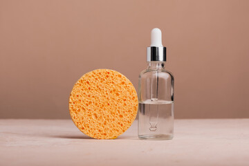 Eco Mineral oil in Amber glass bottles with pipette. Transparent hyaluronic serum gel and skin care concept. Top horizontal view copyspace of dropper glass.