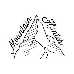 Vintage simple camp logo design. Outdoor adventure line art scene, hiking landscape. Silhouette linear concept. Mountain Hunter quote text. Stock badge.