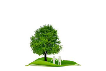 The people standing under the tree on green leaf on white background. save the earth ecology concept.