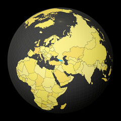 Georgia on dark globe with yellow world map. Country highlighted with blue color. Satellite world projection centered to Georgia. Elegant vector illustration.
