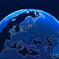 Worldwide connecting lines, light effect themed background. Connection to the global network. Planet Earth. Internet and technology. World map. Europe. 3D rendering.