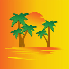 Fototapeta na wymiar Green palm trees on the background of a beautiful sunset on the beach, sun and sand. Suitable for print and logo. Illustration in vector