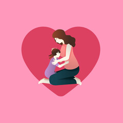 Mother's day greeting card. Mom hug daughter In arms. Heart and pink color background.