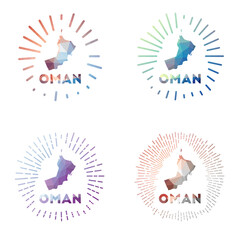 Oman low poly sunburst set. Logo of country in geometric polygonal style. Vector illustration.