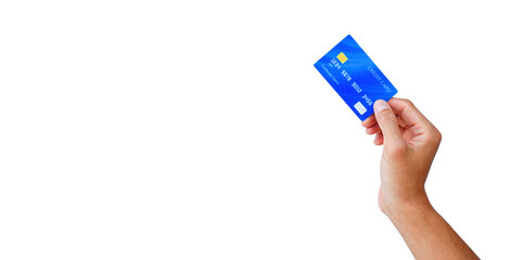 hand holding a blue credit card on white background with clipping path. shopping on line for buy-sell with e-commerce technology.