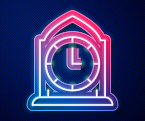Glowing neon line Clock icon isolated on blue background. Time symbol. Vector