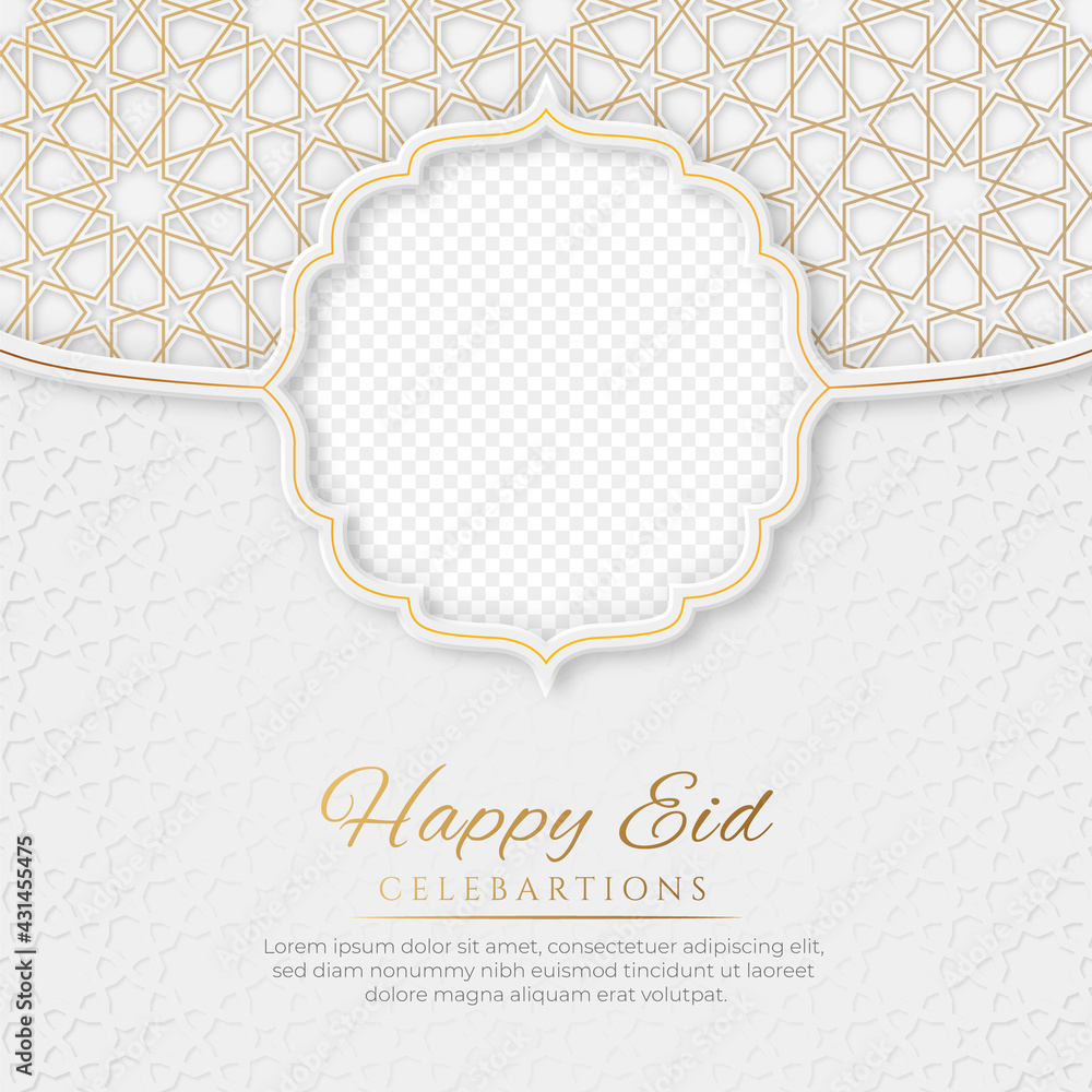 Wall mural happy eid islamic social media post with empty space for photo, islamic ornament pattern background