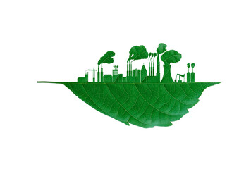 Industrial factory cutting leaf. Toxic smoke destroys the environment. Save the earth green natural ecology. clipping path.