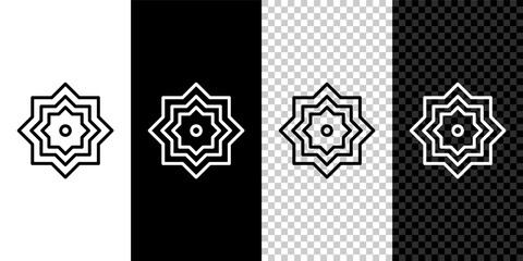 Set line Islamic octagonal star ornament icon isolated on black and white, transparent background. Vector