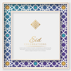 Eid Mubarak White and Blue Luxury Islamic Background with Decorative Ornament Frame