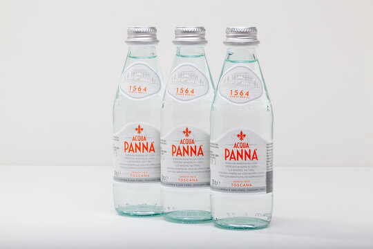 Three Glasses Bottle Of Acqua Panna Toscana On White Background.