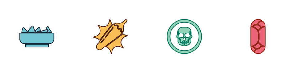 Set Nachos in bowl, Hot chili pepper pod, Mexican skull coin and Burrito icon. Vector