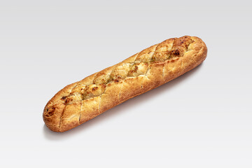 Rustic baguette with golden crust, butter and garlic