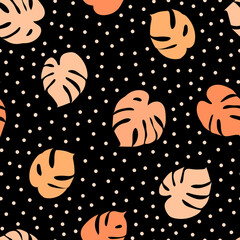 Seamless pattern with monstera on black background. Exotic leaf vector design. Hand drawn vector ilustration. Trendy texture for print, textile, packaging © Anastasia