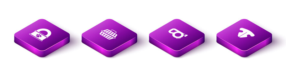 Set Isometric Canned food, Pet carry case, Retractable cord leash and Cat nose icon. Vector