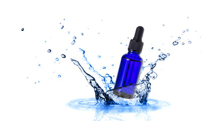 Dark blue glass bottle of face serum or essential oil  flying in splashing water