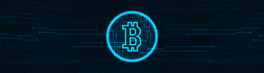 Panorama Digital Bitcoin Crypto Currency on Technology background, Blockchain and Finance concept,Vector.