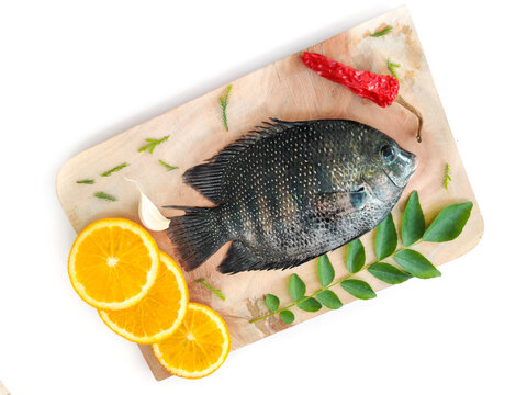 pearl spot fish /Karimeen decorated with herbs and fruits. isolated on white Background.Selective focus.