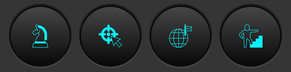 Set Chess, Target, Planet with flag and Stair finish icon. Vector