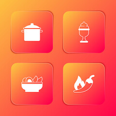Set Cooking pot, Ice cream bowl, Nachos plate and Hot chili pepper pod icon. Vector