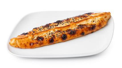 Turkish boat-shaped flatbread pide isolated on white