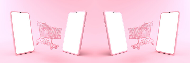 3D rendering of mockup pink Smartphone white screen surrounded by shopping cart. Concept of shopping on mobile phone and Can fill the content on the white phone screen isolated on the pink background.