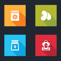 Set Pack full of seeds of plant, Beans, Bag coffee beans and Farmer in the hat icon. Vector
