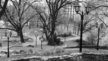 Black and white photo from the bastion hill in Riga in the morning in the rain