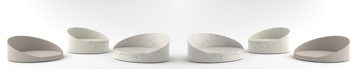 3D rendering of Round marble Pedestal, Podium for display product on the white floor. Pedestal can be used for commercial advertising, Isolated on white background, Product Presentation, illustration.