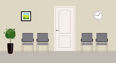 Four grey chairs and wall clock in waiting room. Concept of hiring