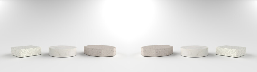 3D Render of abstract white composition with podium. Minimal Studio with Square, Round and Octagonal Pedestal. podium can be used for advertising, Isolated on white background, Product Presentation.