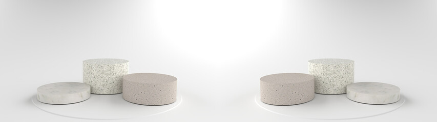 3D rendering of Round marble Pedestal, Podium for display product on the white floor. Pedestal can be used for commercial advertising, Isolated on white background, Product Presentation, illustration.