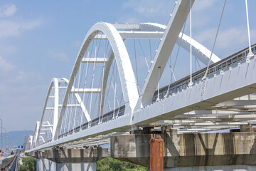 鳥飼大橋南端の堤防から見る大阪モノレール淀川橋梁と鳥飼大橋