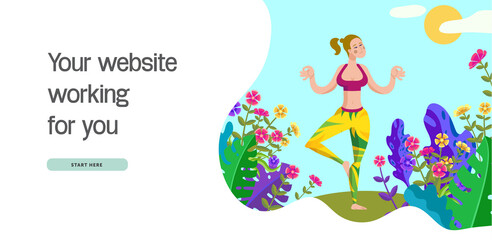 Yoga and meditation. Use it for sport, recreation, yoga or health care poster design. Cartoon style girl in yoga pose.