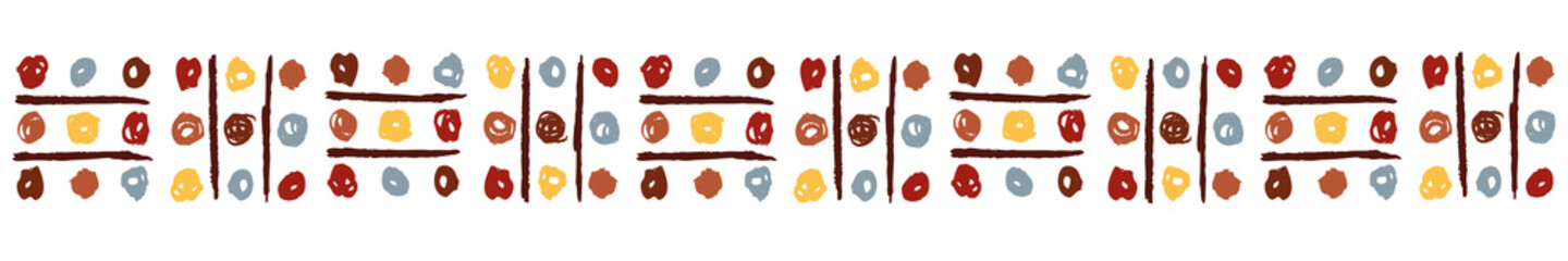 Ethnic border with dots, color. Linear border made in tribal style, made from hand-drawn drawings.