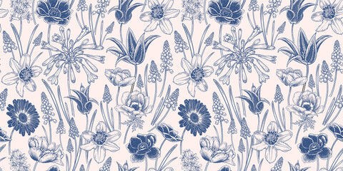 Blau-weiße Abdeckung. Nahtloses Blumenmuster. Vintage Frühlingshintergrund. Vektor. © marinavorona