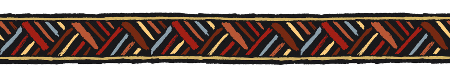Ethnic border with stripes, color on black. Linear border made in tribal style, made from hand-drawn drawings.