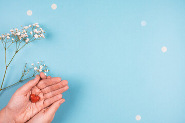 Small red heart in female hands on a blue background with flowers