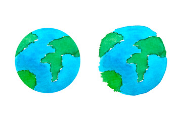 World Environment Day. Earth Day. April 22. June 5. Globe watercolor. Hand drawing. Design concept . Vector illustration. 